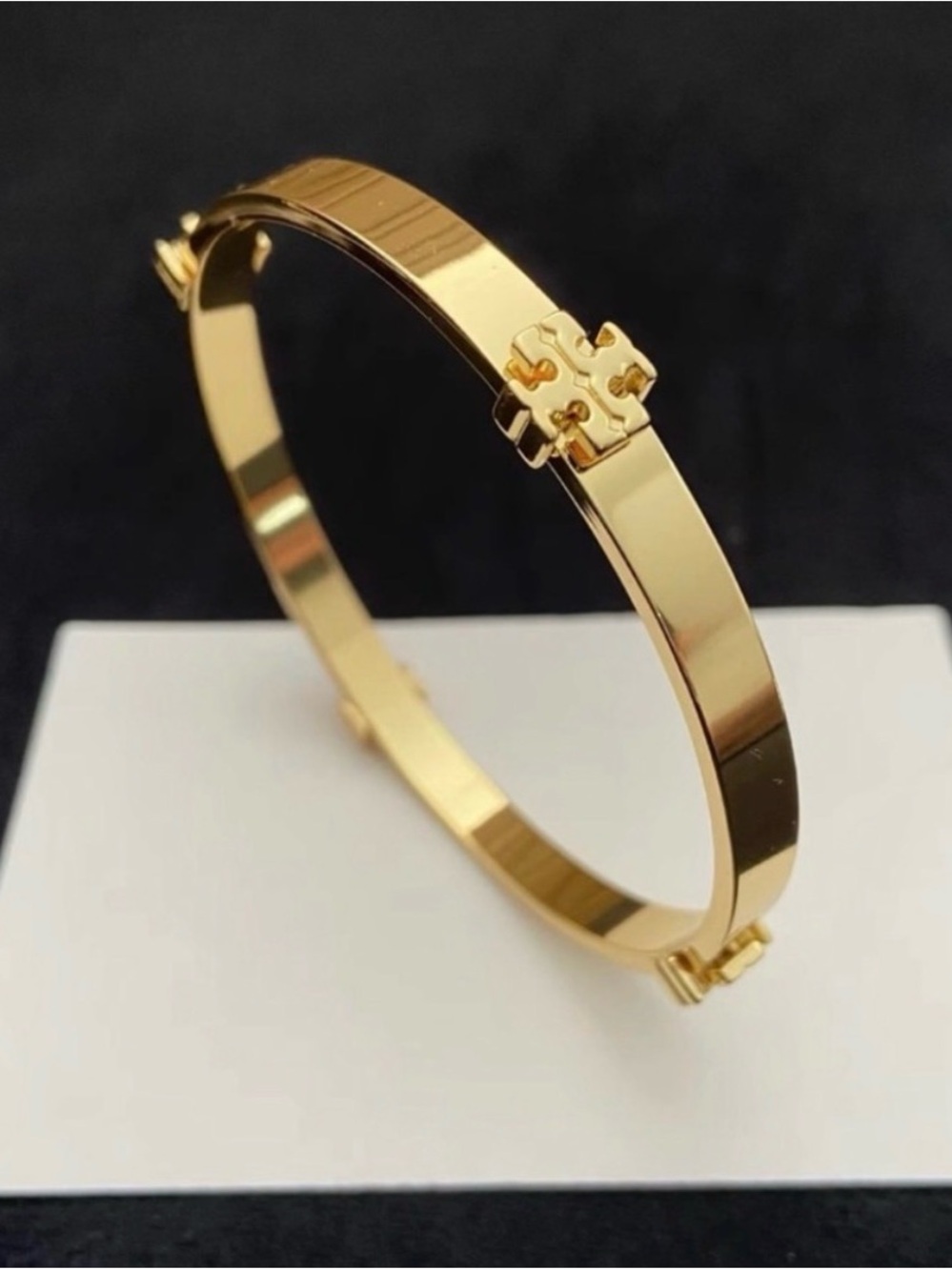 Tory Burch Polished Gold Logo Hinged Bangle Bracelet